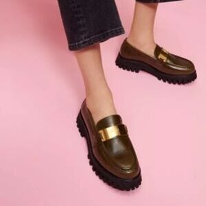 Women's Olive Loafers with Gold Accent